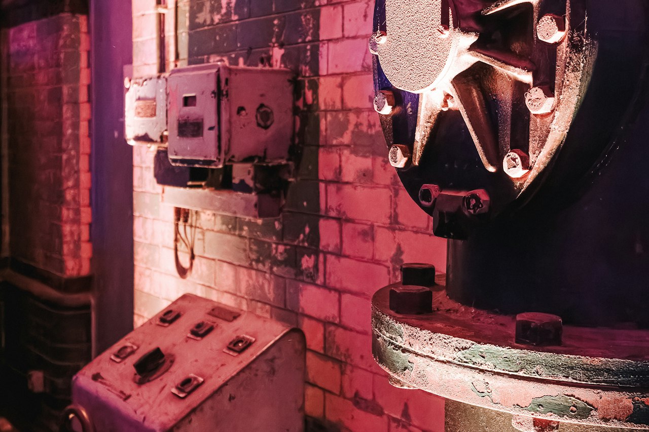 Weathered industrial pipes and a control box lit in pink and purple light against a tiled brick wall.